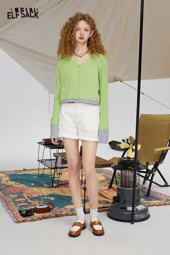 ELFSACK Soft Two Piece Green Shirt Patchwork Cropped Knitwear