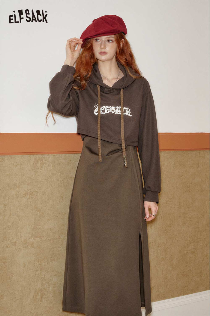 ELFSACK Soft Typography Oversized Silhouette Hoodie Dress