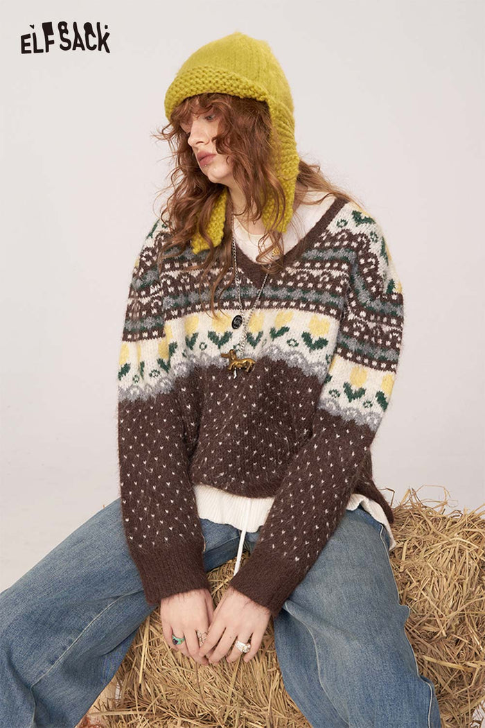 ELFSACK Soft V Neck Polka Dot Floral Print Knit Loose Fit Sweater