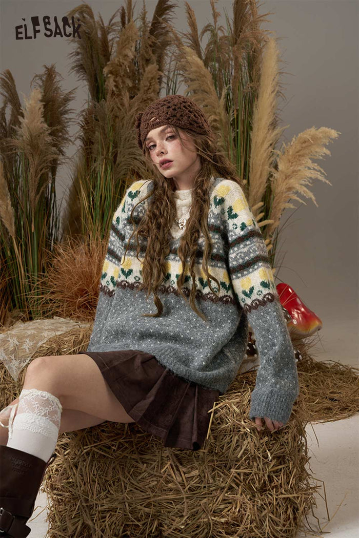 ELFSACK Soft V Neck Polka Dot Floral Print Knit Loose Fit Sweater