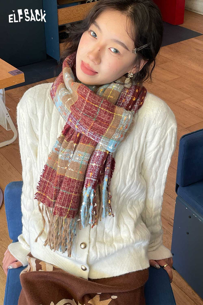 ELFSACK Soft Vintage Star Plaid Pattern Wool Blend Scarf