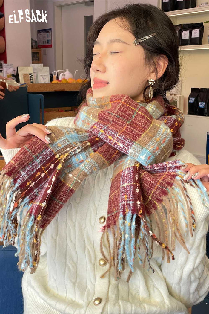 ELFSACK Soft Vintage Star Plaid Pattern Wool Blend Scarf