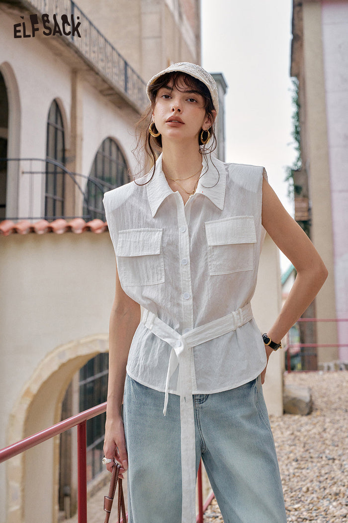 ELFSACK Solid Color Belt Chic Versatile Shirt