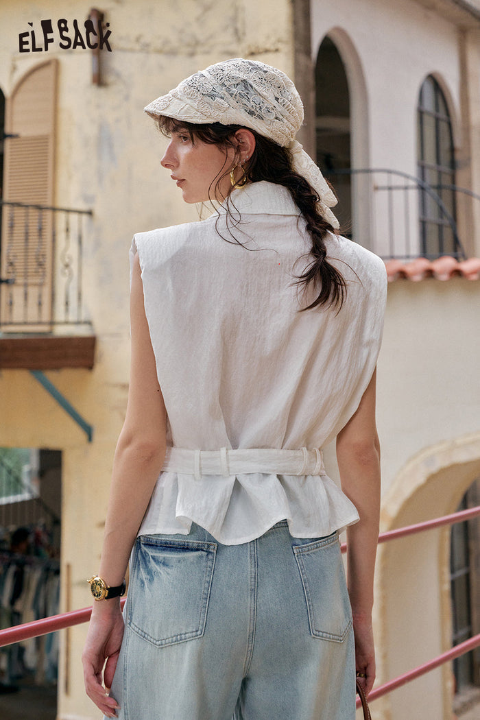 ELFSACK Solid Color Belt Chic Versatile Shirt