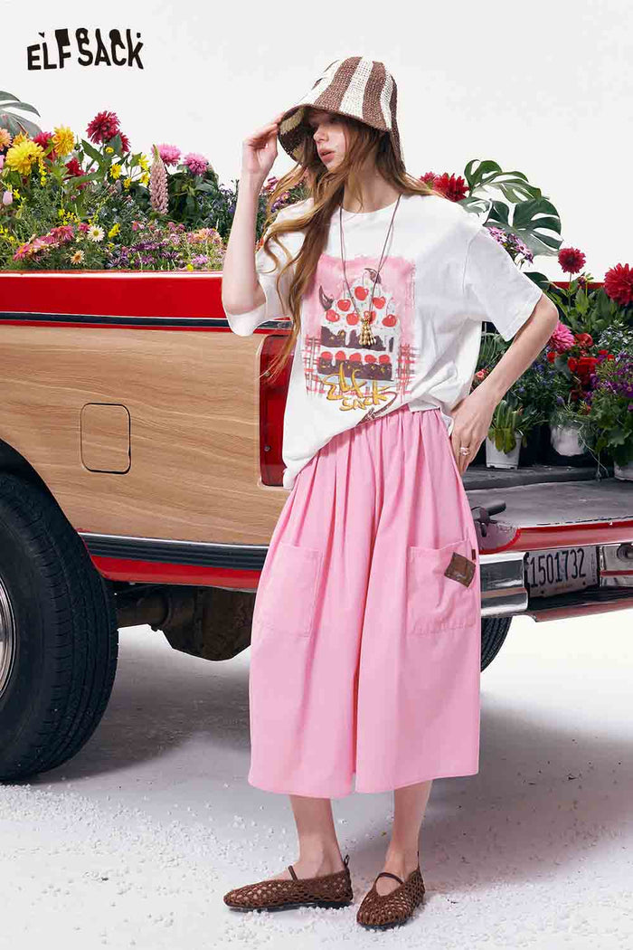 ELFSACK Solid Color Pocket Wide Leg Pants