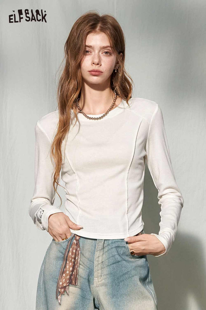 Solid Crew Neck Long Sleeve Slim Tee