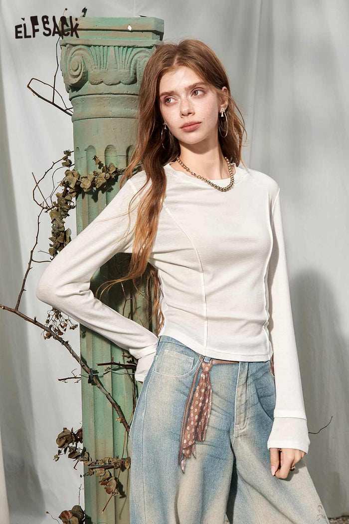 Solid Crew Neck Long Sleeve Slim Tee