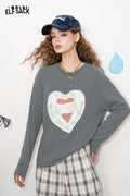 ELFSACK Solid Graphic Long Sleeve Tee Loose Lazy Style Casual Top