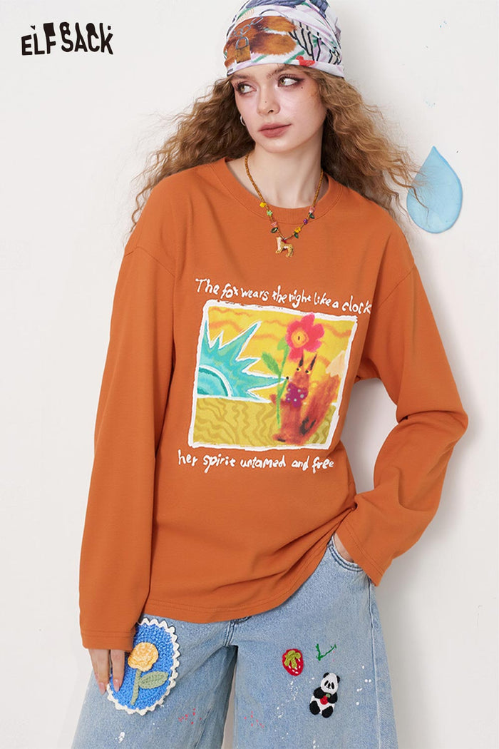 ELFSACK Solid Graphic Long Sleeve Tee Loose Lazy Style Casual Top