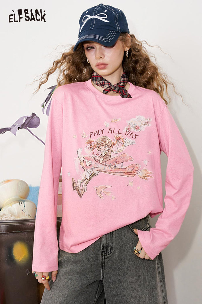 ELFSACK Solid Graphic Long Sleeve Tee Loose Lazy Style Casual Top