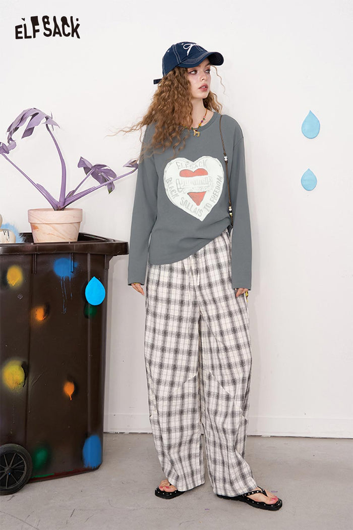 ELFSACK Solid Graphic Long Sleeve Tee Loose Lazy Style Casual Top
