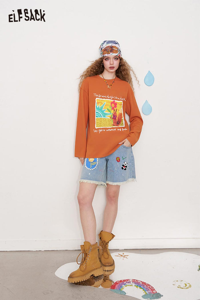 ELFSACK Solid Graphic Long Sleeve Tee Loose Lazy Style Casual Top