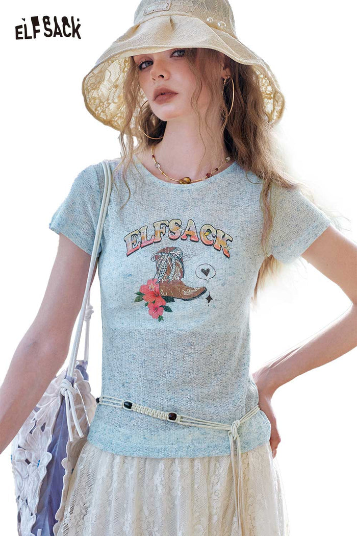 ELFSACK Solid Graphic Print Knit Short Sleeve Tee Slim Fit