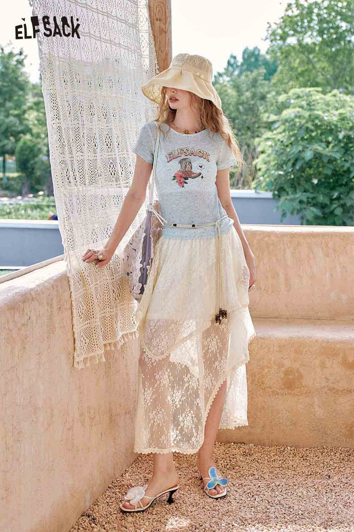 ELFSACK Solid Graphic Print Knit Short Sleeve Tee Slim Fit
