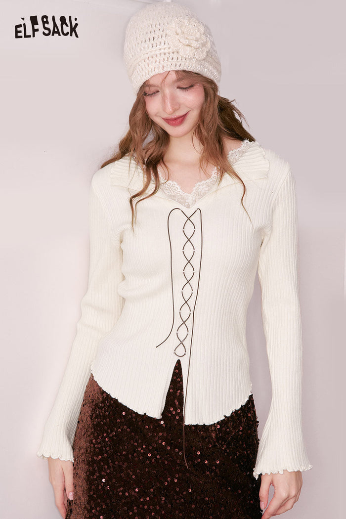 ELFSACK Solid Lace Collar Split Hem Flutter Sleeve Tie Knitwear