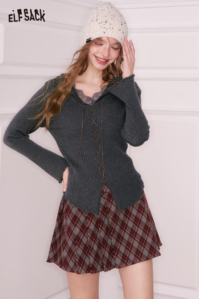 ELFSACK Solid Lace Collar Split Hem Flutter Sleeve Tie Knitwear