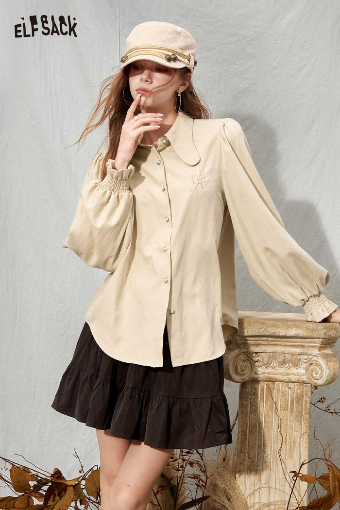 Solid Long Puff Sleeve Peter Pan Collar Ruffle Cuff Blouse