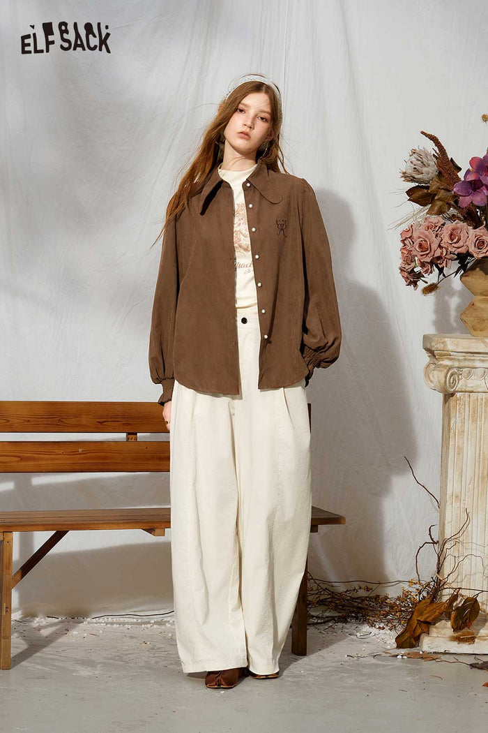 Solid Long Puff Sleeve Peter Pan Collar Ruffle Cuff Blouse