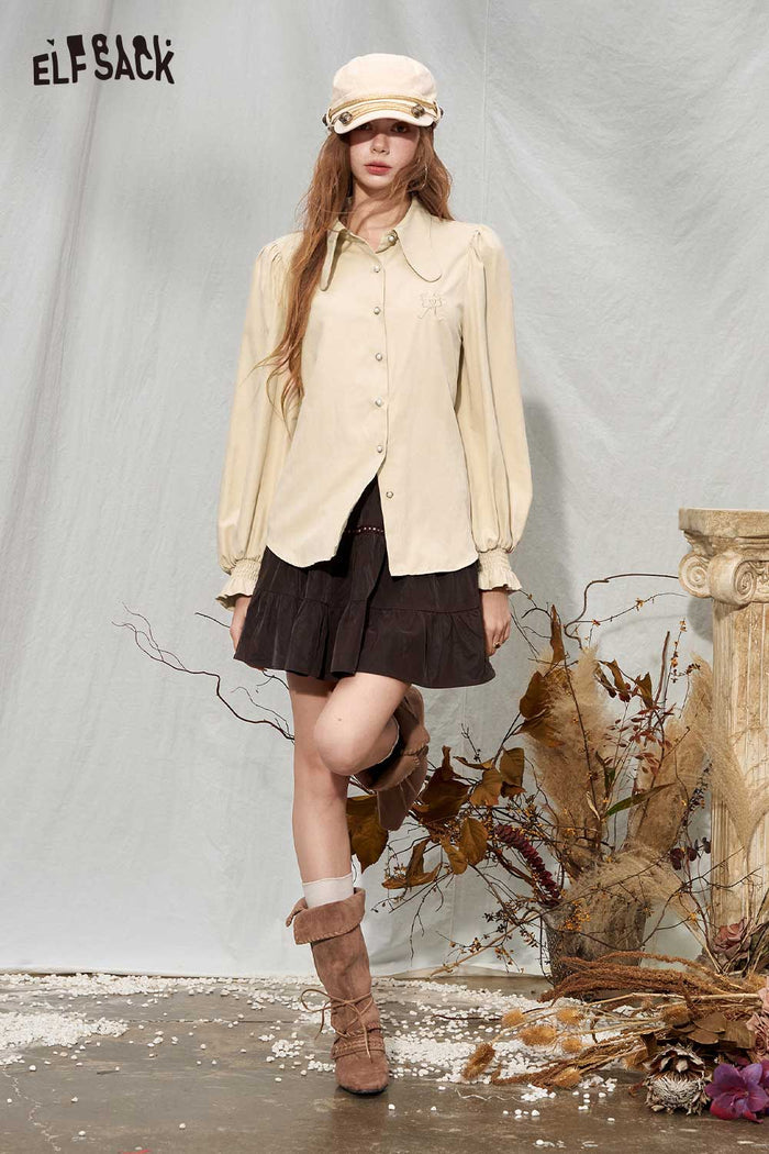 Solid Long Puff Sleeve Peter Pan Collar Ruffle Cuff Blouse