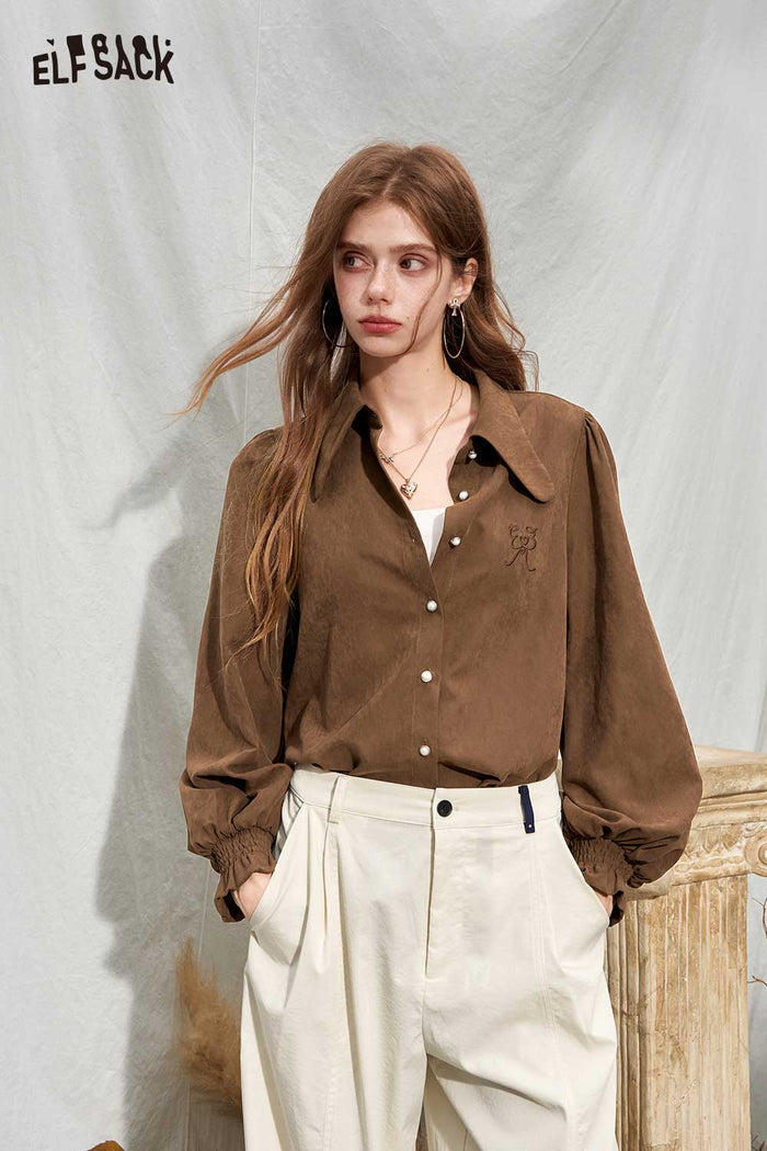 Solid Long Puff Sleeve Peter Pan Collar Ruffle Cuff Blouse