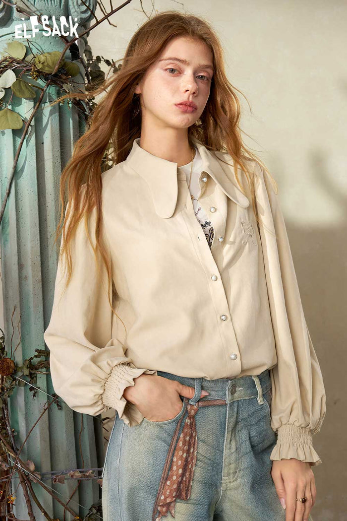 Solid Long Puff Sleeve Peter Pan Collar Ruffle Cuff Blouse
