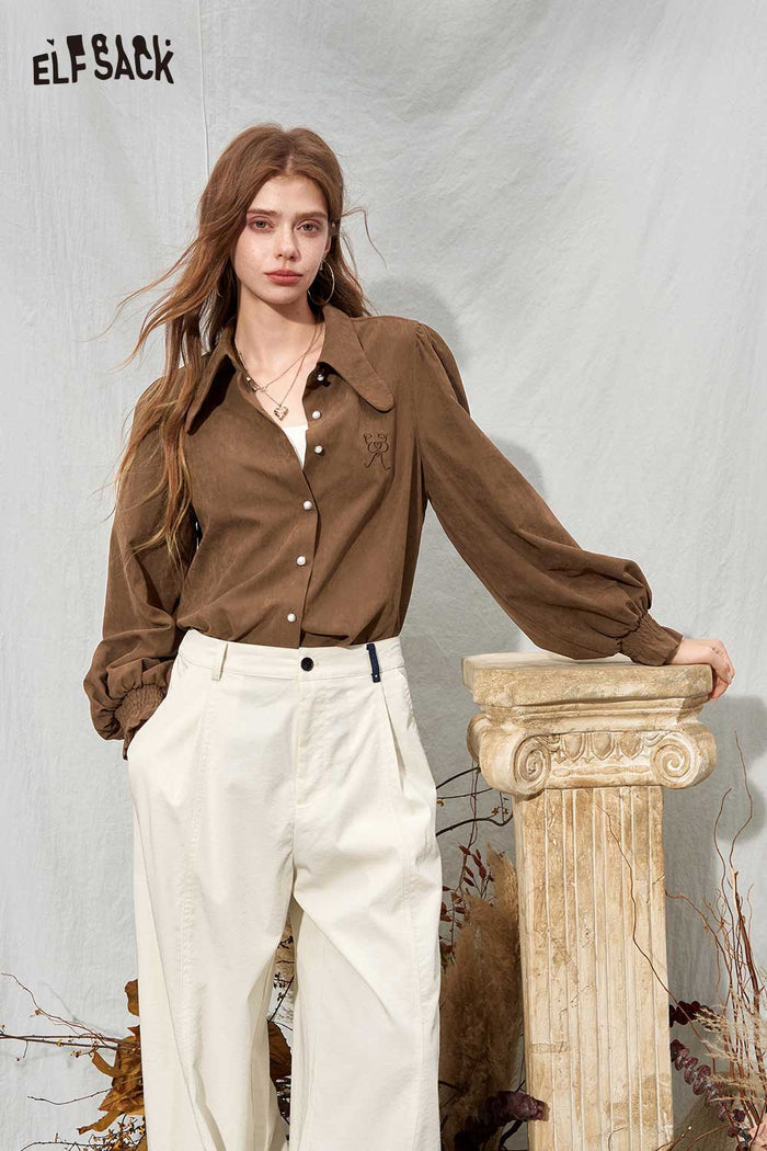 Solid Long Puff Sleeve Peter Pan Collar Ruffle Cuff Blouse