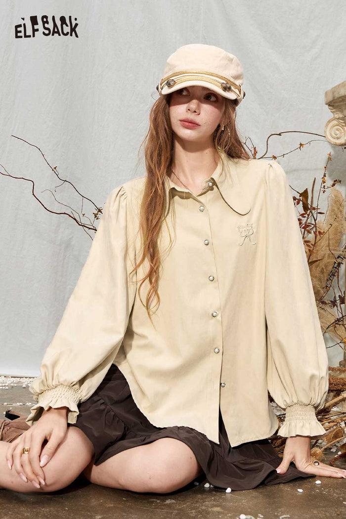 Solid Long Puff Sleeve Peter Pan Collar Ruffle Cuff Blouse