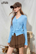 Solid V-Neck Side Ruched Drawstring Long Sleeve Cardigan