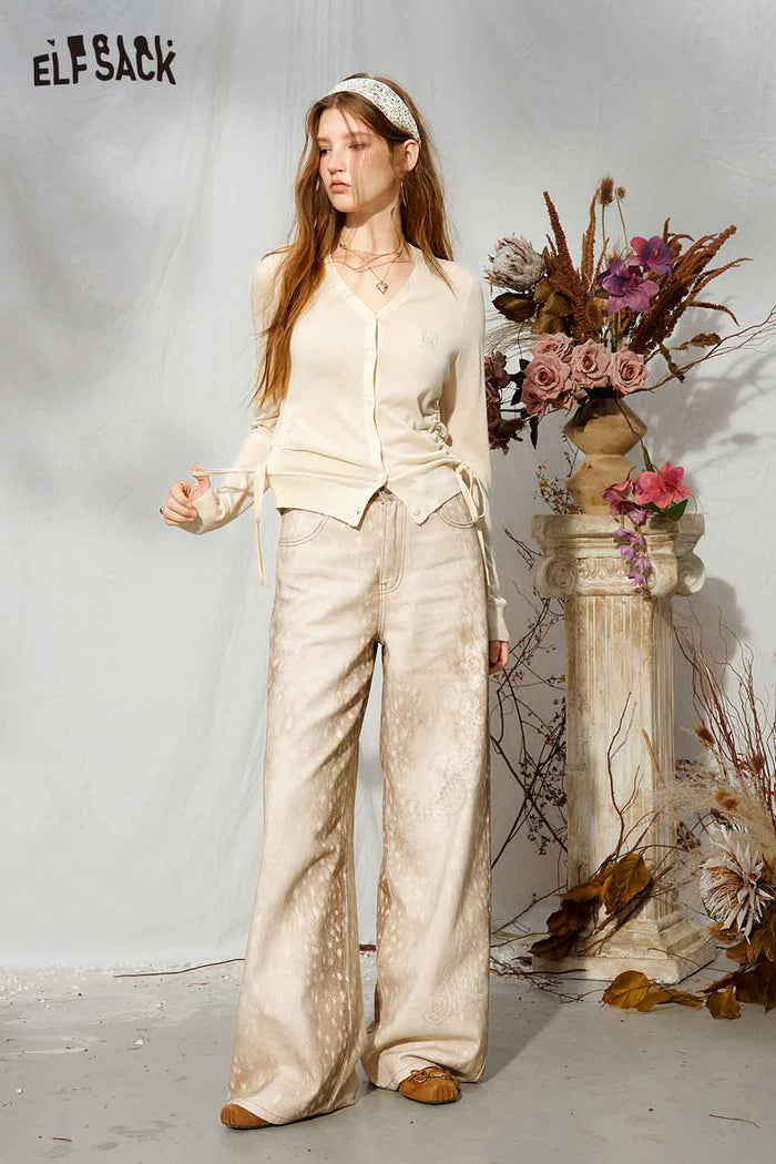Solid V-Neck Side Ruched Drawstring Long Sleeve Cardigan