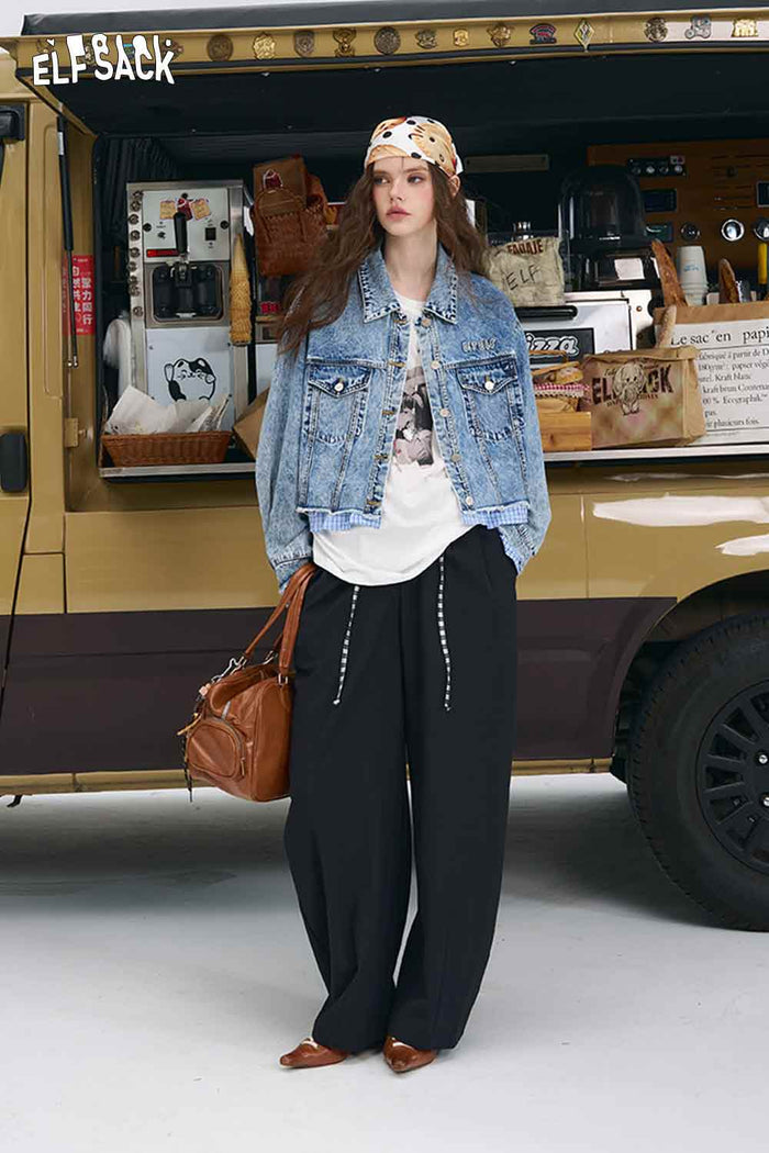 ELFSACK Sophisticated Plaid Patchwork Denim Jacket, Plaid Cuffs Detail