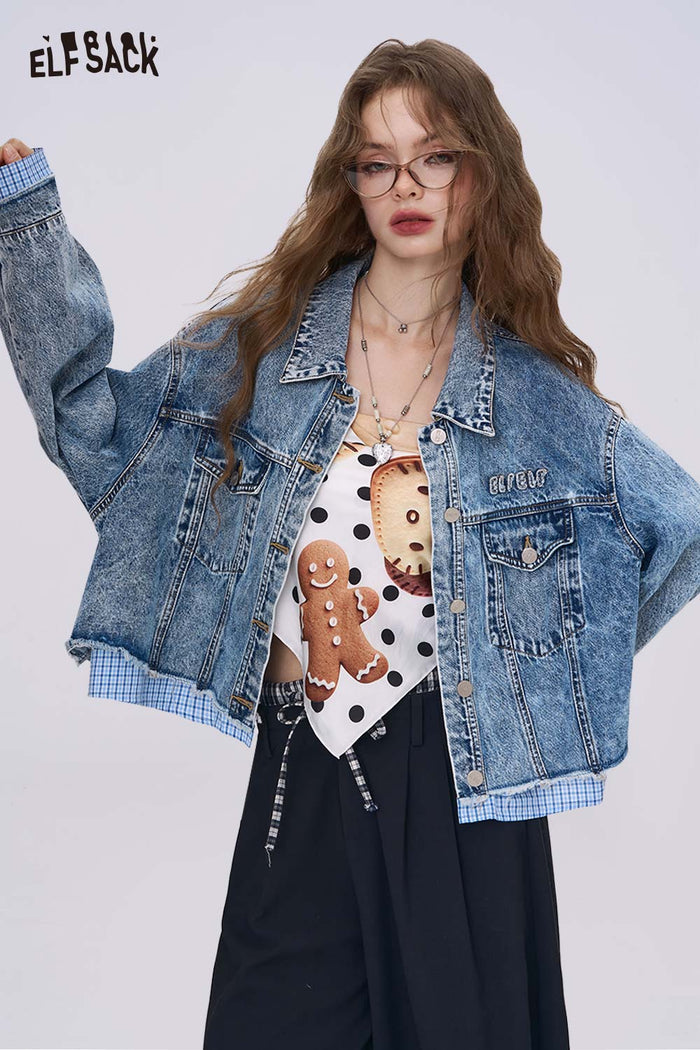 ELFSACK Sophisticated Plaid Patchwork Denim Jacket, Plaid Cuffs Detail