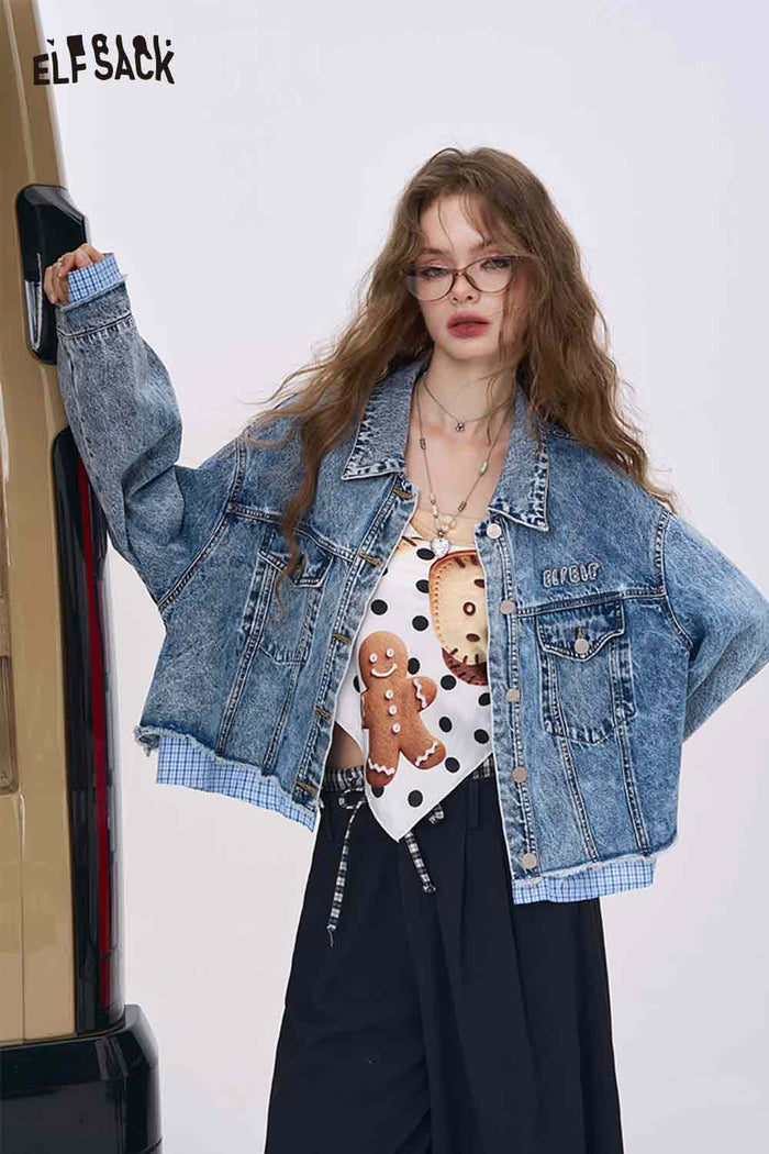 ELFSACK Sophisticated Plaid Patchwork Denim Jacket, Plaid Cuffs Detail
