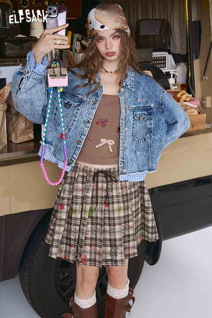 ELFSACK Sophisticated Plaid Patchwork Denim Jacket, Plaid Cuffs Detail