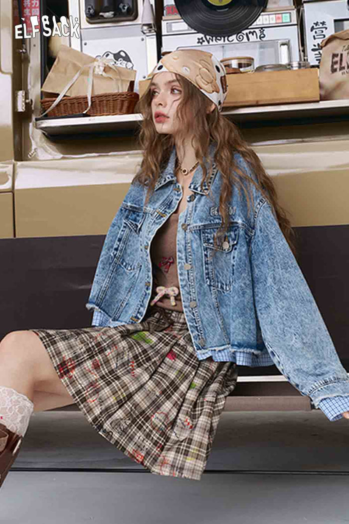 ELFSACK Sophisticated Plaid Patchwork Denim Jacket, Plaid Cuffs Detail
