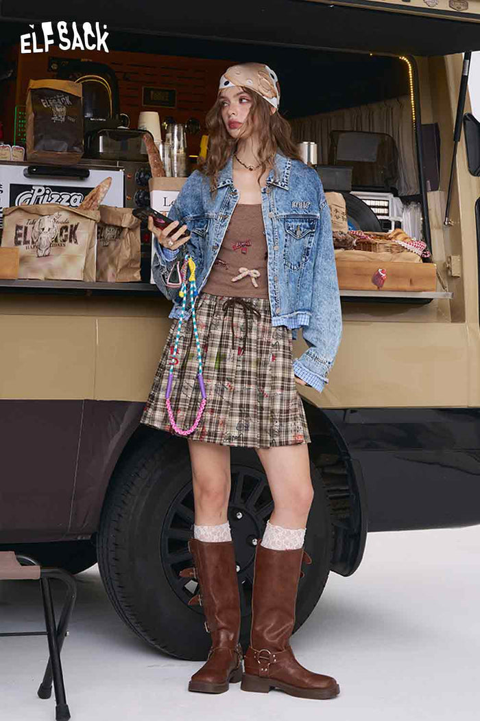 ELFSACK Sophisticated Plaid Patchwork Denim Jacket, Plaid Cuffs Detail