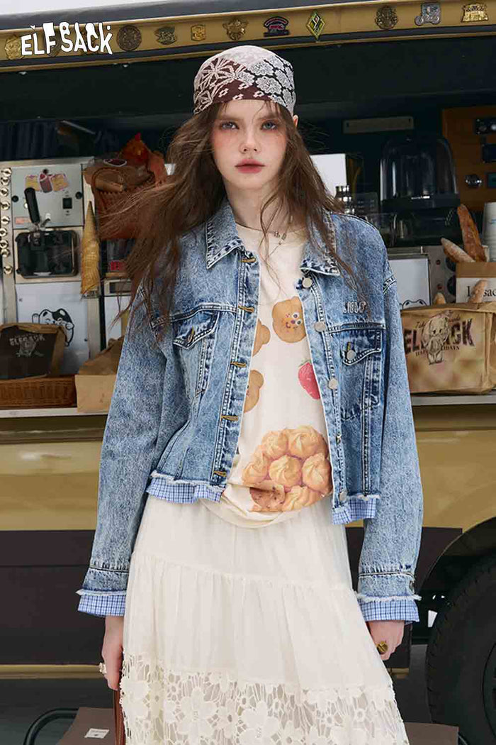ELFSACK Sophisticated Plaid Patchwork Denim Jacket, Plaid Cuffs Detail