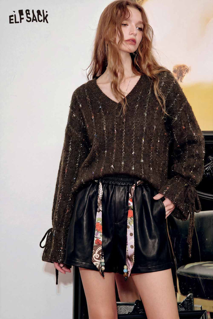 Speckled Cable Knit V-Neck Sweater