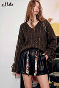 Speckled Cable Knit V-Neck Sweater
