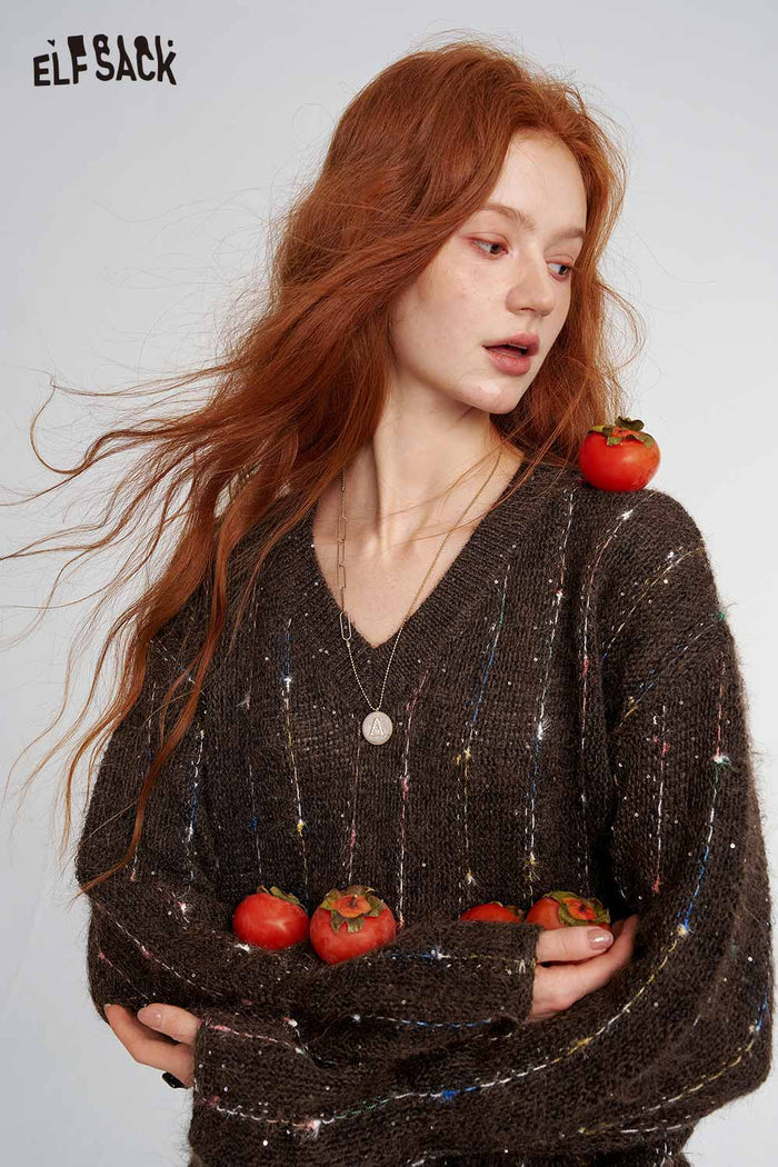Speckled Cable Knit V-Neck Sweater