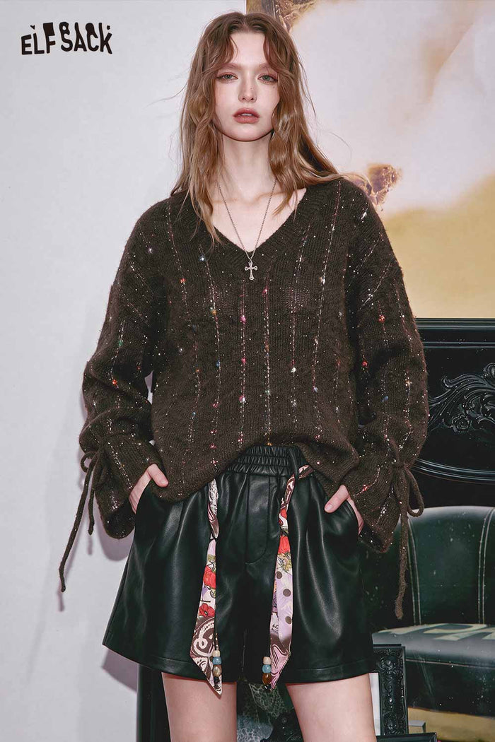 Speckled Cable Knit V-Neck Sweater
