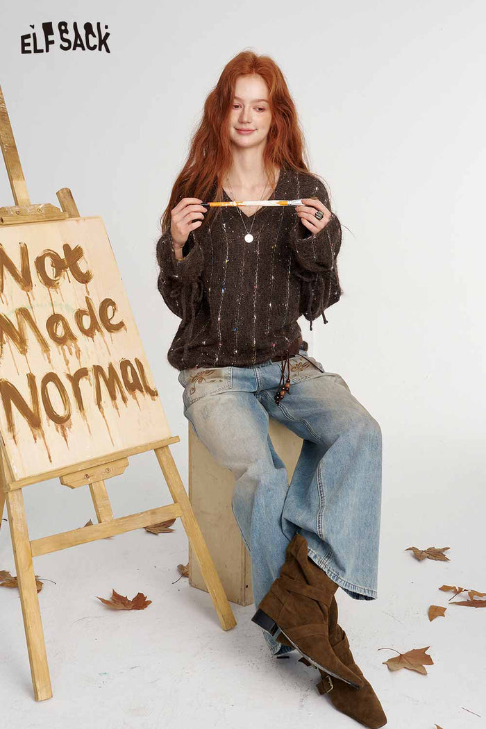 Speckled Cable Knit V-Neck Sweater