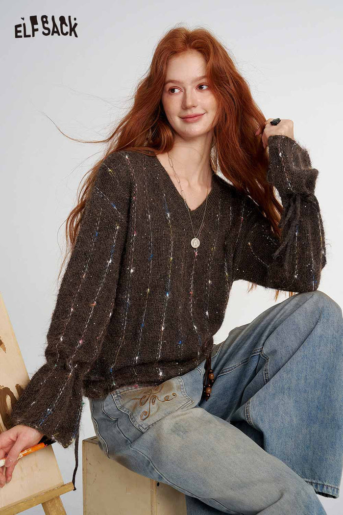 Speckled Cable Knit V-Neck Sweater