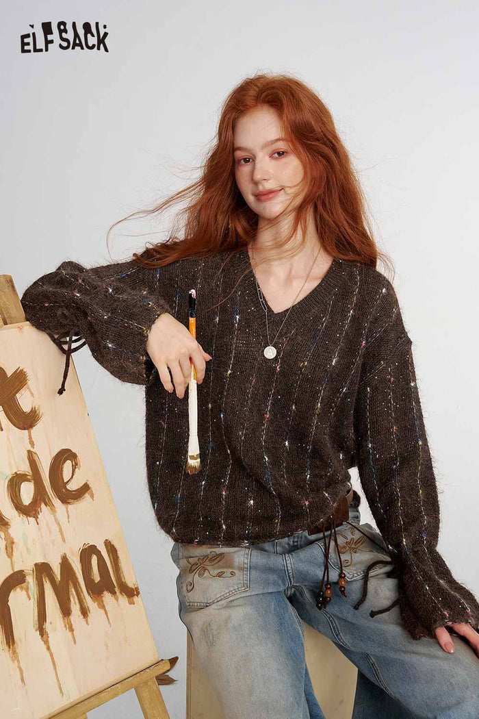 Speckled Cable Knit V-Neck Sweater