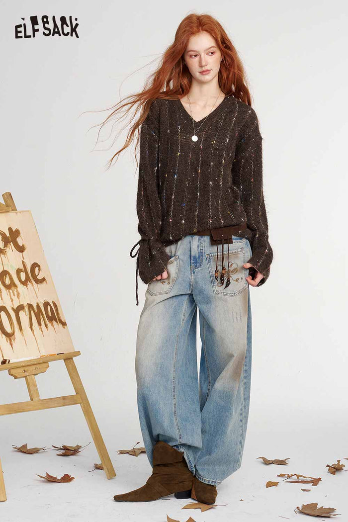 Speckled Cable Knit V-Neck Sweater