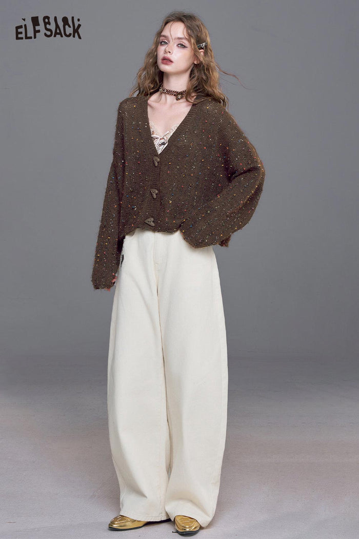 Speckled V-Neck Loose Knit Cardigan