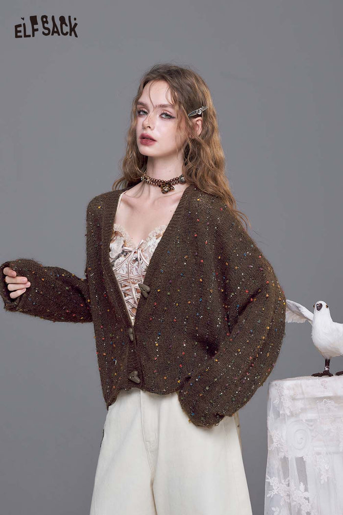 Speckled V-Neck Loose Knit Cardigan