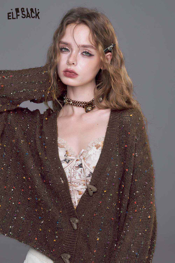 Speckled V-Neck Loose Knit Cardigan