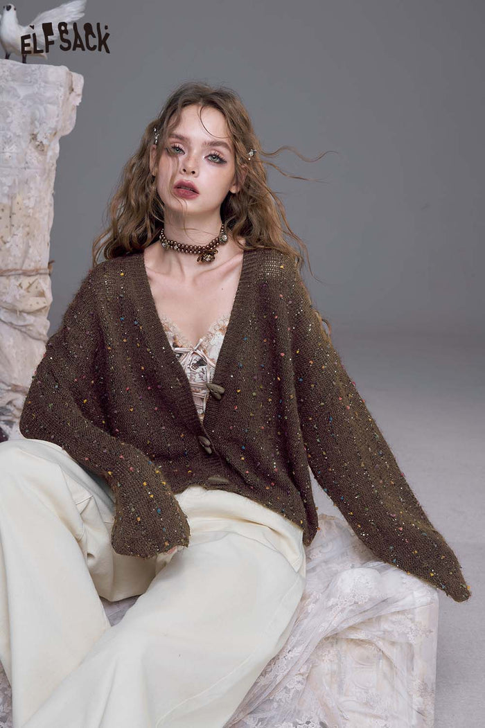 Speckled V-Neck Loose Knit Cardigan