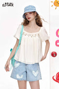 ELFSACK Square Neck Blouse Shell Bead Puff Sleeve Chiffon Top