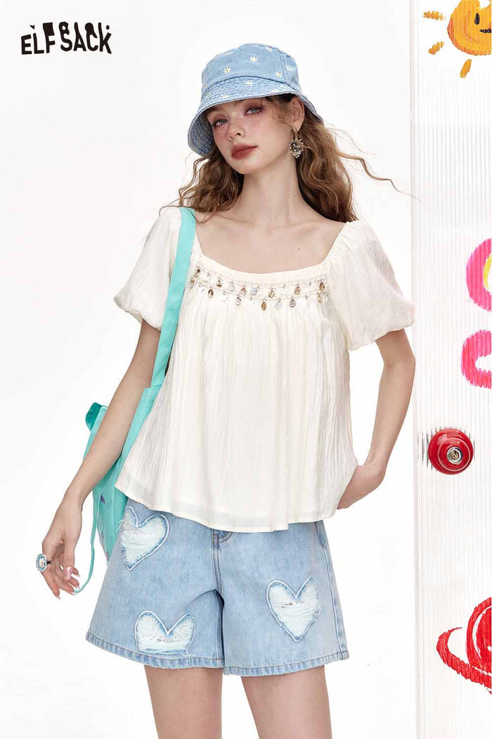 ELFSACK Square Neck Blouse Shell Bead Puff Sleeve Chiffon Top